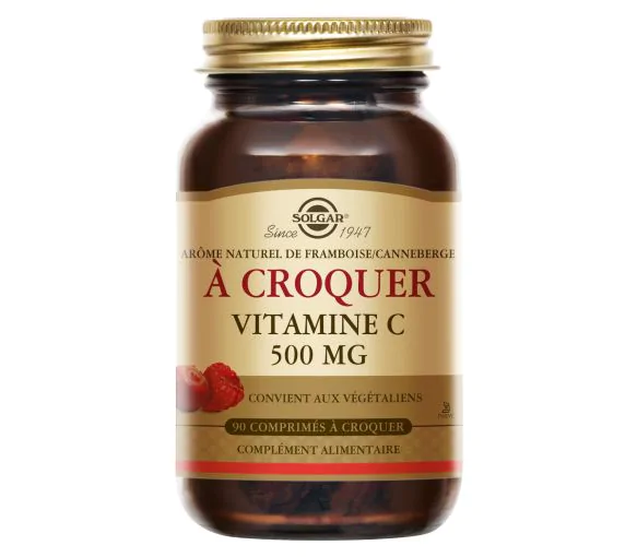 Vitamine C 500 goût framboise/cranberry Solgar - pot de 90 comprimés à croquer