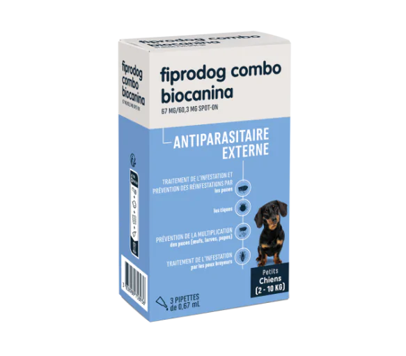 Fiprodog combo 67 mg/60,3 mg antiparasitaire externe petits chiens (2-10kg) Biocanina - boîte de 3 pipettes de 0,67ml