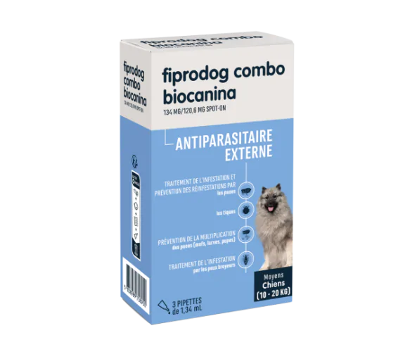 Fiprodog combo 134 mg/120,6 mg antiparasitaire externe moyens chiens (10-20kg) Biocanina - boîte de 3 pipettes de 1,34ml