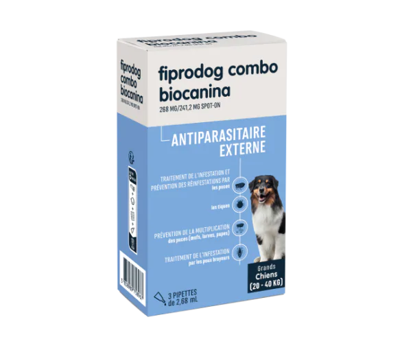 Fiprodog combo 268 mg/241,2 mg antiparasitaire externe grands chiens (20-40kg) Biocanina - boîte de 3 pipettes de 2,68ml