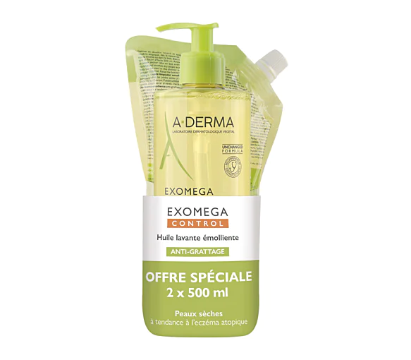 Exomega Control Huile lavante émolliente anti-grattage A-derma - flacon-pompe et recharge de 500ml