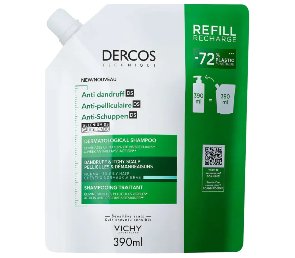 Dercos anti-pelliculaire shampooing traitant cheveux gras Vichy - éco-recharge de 390ml