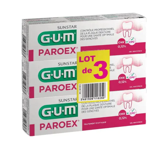 Paroex dentifrice traitement d'attaque plaque dentaire Gum - 2 tubes de 75ml + 1 offert