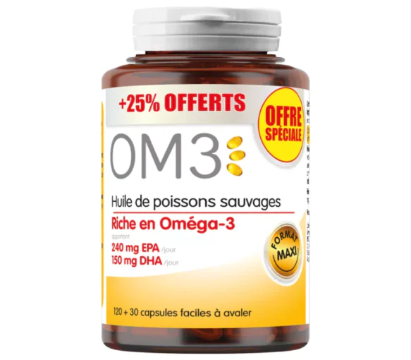 OM3 Huile de poisson sauvage Super Diet - offre spéciale +25% offerts 120+130 capsules