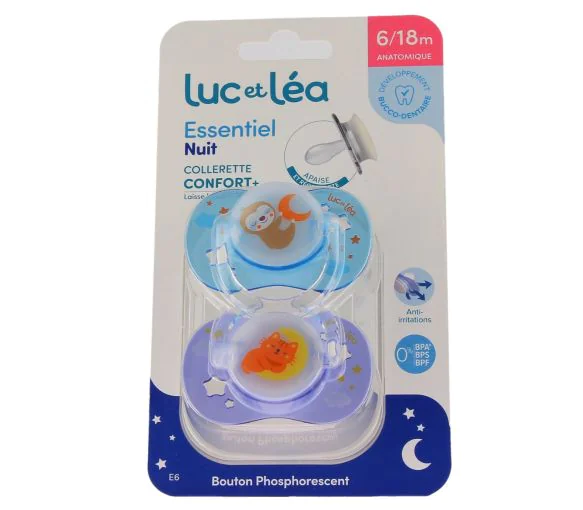 Essentiel nuit confort sucettes anatomiques 6/18mois Luc et Léa - lot de 2 sucettes