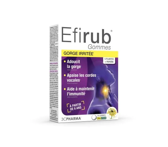 Efirub gommes gorge irritée citron menthol 3C Pharma - boîte de 24 gommes