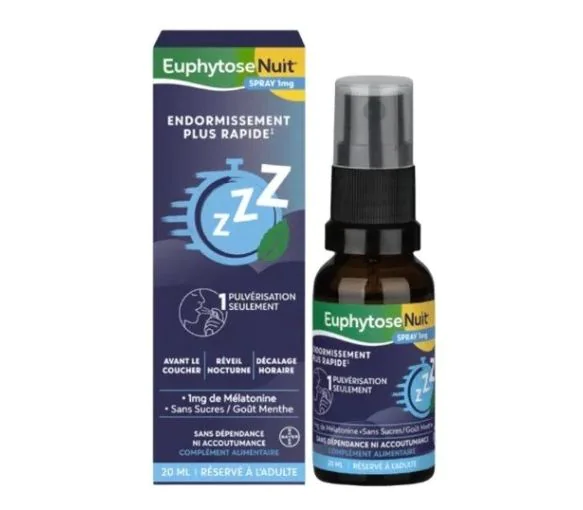Euphytose Nuit spray 1mg de mélatonine sans sucre gout menthe - spray de 20ml