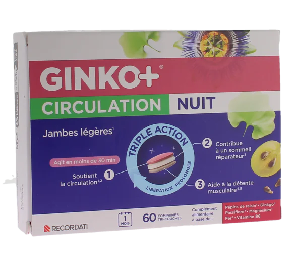 Ginko+ circulation nuit jambes légères triple action Bouchara - boite de 60 comprimés