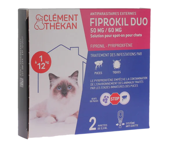 Fiprokil duo antiparasitaire chats 1 à 12kg 50/60mg Clément thékan - boite de 2 pipettes de 0,5ml