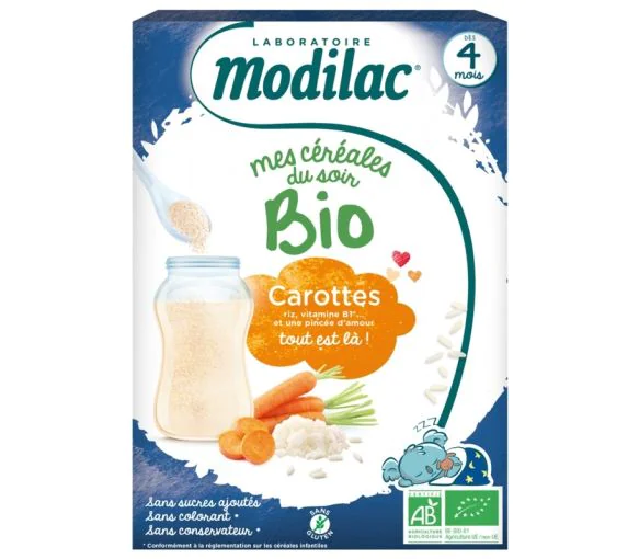 Mes céréales du soir bio dès 4 mois carottes Modilac - boite de 250 g