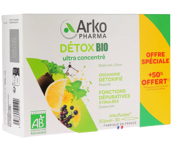 Arkofluides Détox bio Arkopharma - boîte de 20 ampoules + 10 offertes