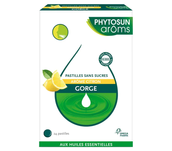 Pastilles sans sucres gorge arôme citron Phytosun Arôms - boite de 24 pastilles