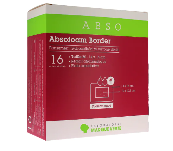 Absofoam border pansement hydrocellulaire silicone stérile taille M Marque verte - boîte de 16 pansements de 14 x 15cm