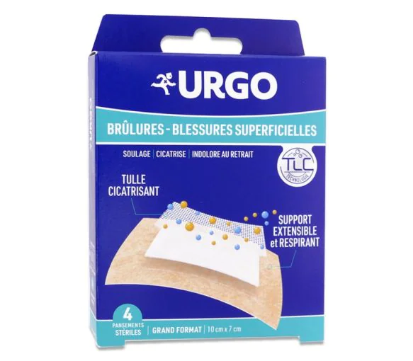 Pansements Urgo brûlures/blessures superficielles - boîte de 4 pansements stériles grand format