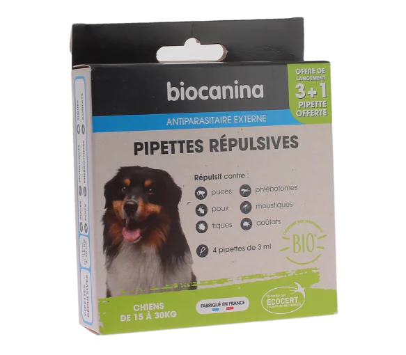 Pipettes répulsives pour chien de 15 à 30 kg Biocanina - boite de 3 pipettes de 3 ml + 1 offerte