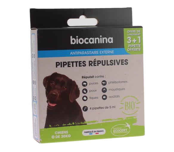 Pipettes répulsives pour chien de plus de 30kg Biocanina - boite de 3 pipettes de 5ml + 1 offerte