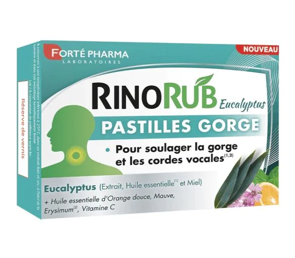 RinoRub eucalyptus pastilles gorge goût menthe sans sucre Forté Pharma - boîte de 24 pastilles