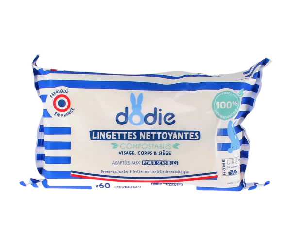 Lingettes nettoyantes fibres d'origine naturelle Dodie - sachet de 70 lingettes