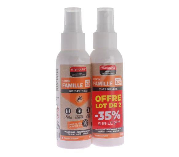 Spray anti-moustique lotion famille zones infestées Manouka - lot de 2 spray de 75ml -35% sur le 2ème