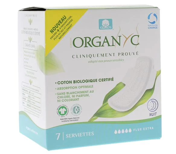 Serviettes hygiéniques nuit flux extra Organyc - boite de 7 serviettes