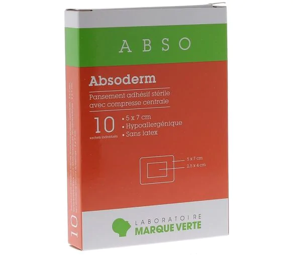 Absoderm Pansements adhésifs stériles avec compresse centrale 5x7cm Marque Verte - boîte de 10 sachets individuels