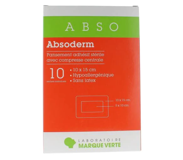 Absoderm Pansements adhésifs stériles avec compresse centrale 10x15cm Marque verte - boîte de 10 sachets individuels