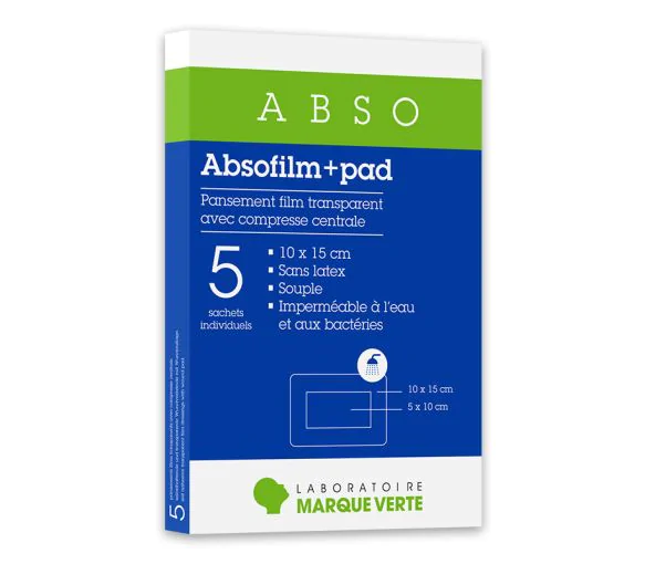 Absofilm+Pad Pansements film adhésif stériles Marque Verte - boîte de 5 pansements de 10x15cm