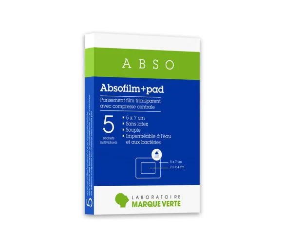 Absofilm+Pad Pansements film adhésif stériles Marque Verte - boîte de 5 pansements de 5x7cm
