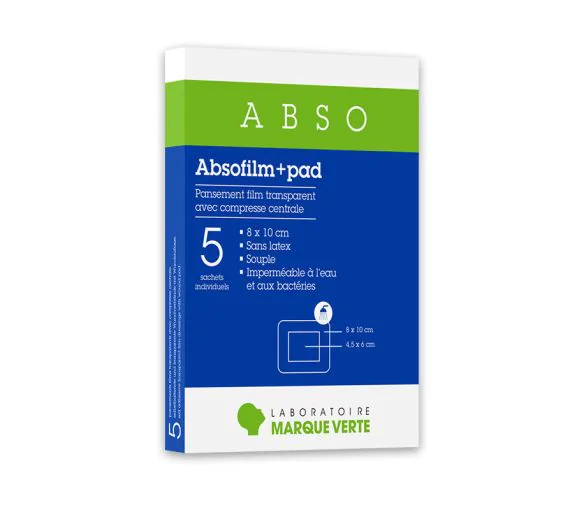 Absofilm+Pad Pansements film adhésif stériles Marque Verte - boîte de 5 pansements de 8x10cm