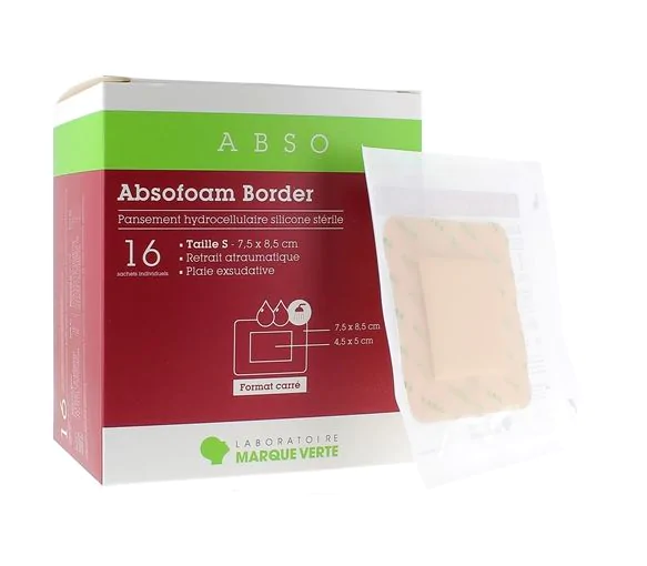 Absofoam Border Pansement Hydrocellulaire Marque Verte - boîte de 16 pansements de 7,5 x 8,5 cm