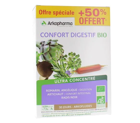 Arkofluides Confort Digestif bio Arkopharma - boîte de 20 ampoules + 10 offertes
