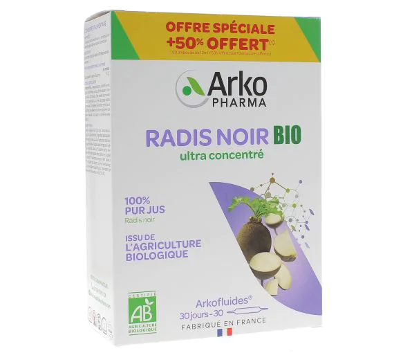 Arkofluides Radis noir bio Arkopharma - boîte de 20 ampoules + 10 offertes