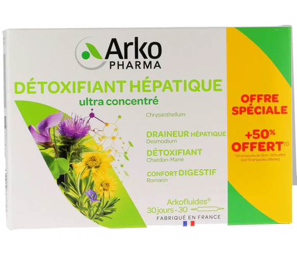 Arkofluides détoxifiant hépatique Arkopharma - 20 ampoules + 10 ampoules offertes