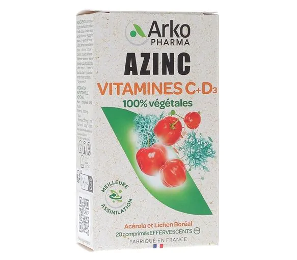 Azinc Vitamines C + D3 Arkopharma - boîte de 20 comprimés effervescents