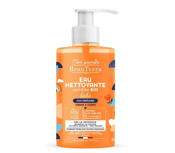 Eau nettoyante bébé bio peaux sensibles corps et cheveux Mon premier Beauterra - flacon-pompe de 750ml
