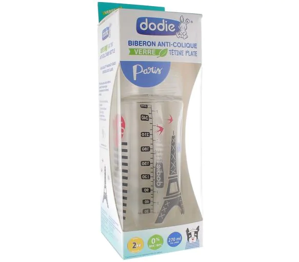 Biberon Anti-colique en verre Paris Débit 2 - 0-6 mois Dodie - biberon de 270 ml