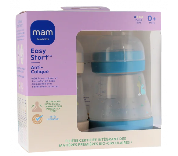 Biberon Easy Start anti-colique 0 Mois et + Débit lent bleu océan et sable Mam - lot de 2 biberons de 160ml