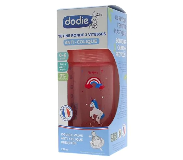 Biberon Initiation+ tétine ronde 3 vitesses rose licorne Dodie - biberon de 270ml