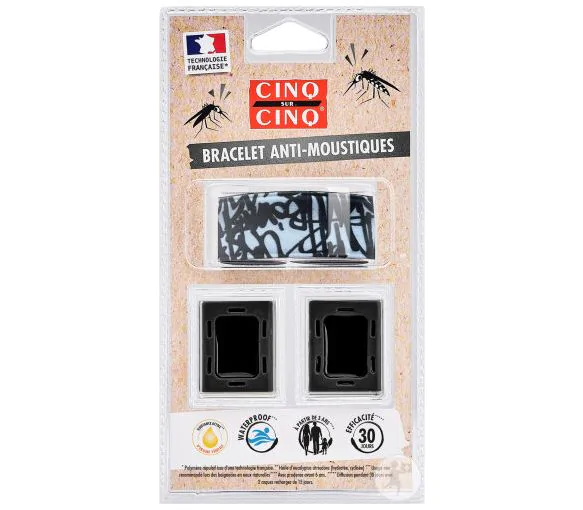 Bracelet anti-moustiques noir graffiti Cinq sur Cinq - un bracelet + 2 recharges