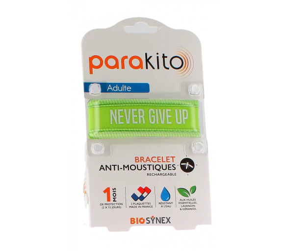 Bracelet anti-moustiques rechargeable Never give up Parakito - 1 bracelet + 2 recharges