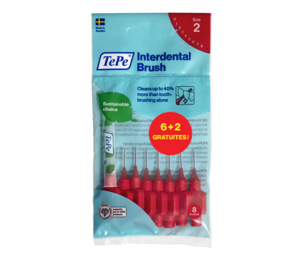 Brossettes interdentaires originales rouge taille 2 (0.5mm) TePe - 6 brossettes + 2 gratuites