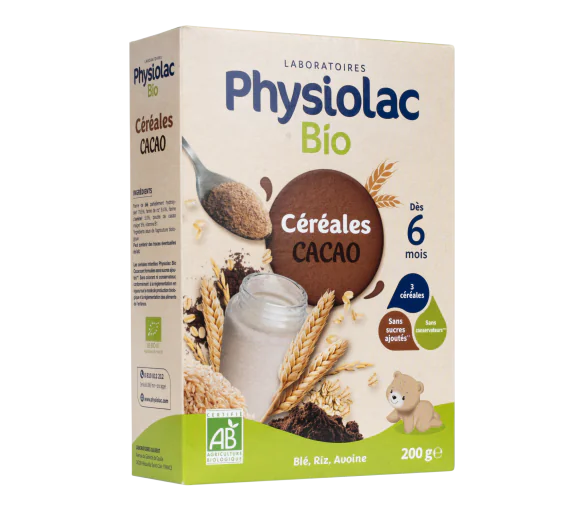 Physiolac Céréales bio cacao dès 6 mois Gilbert - boite de 200 g