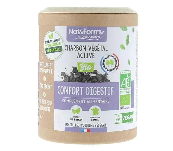 Charbon végétal activé bio confort digestif Nat&Form - boîte de 120 gélules