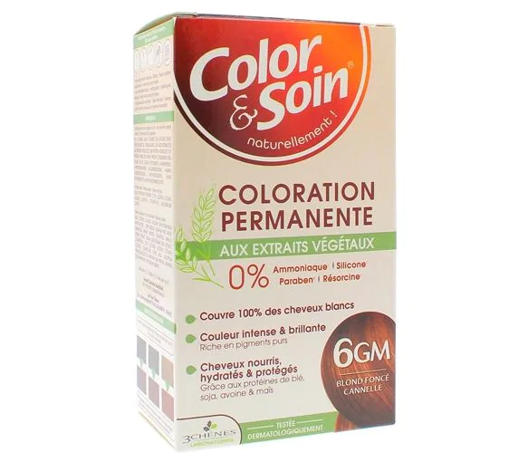 Color & Soin Coloration permanente aux extraits végétaux blond foncé cannelle 6GM Les 3 Chênes - kit de 4 produits