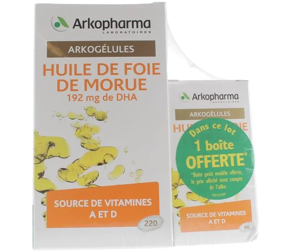 Arkogélules Huile de foie de morue Arkopharma - boite de 220 capsules + 60 capsules offertes