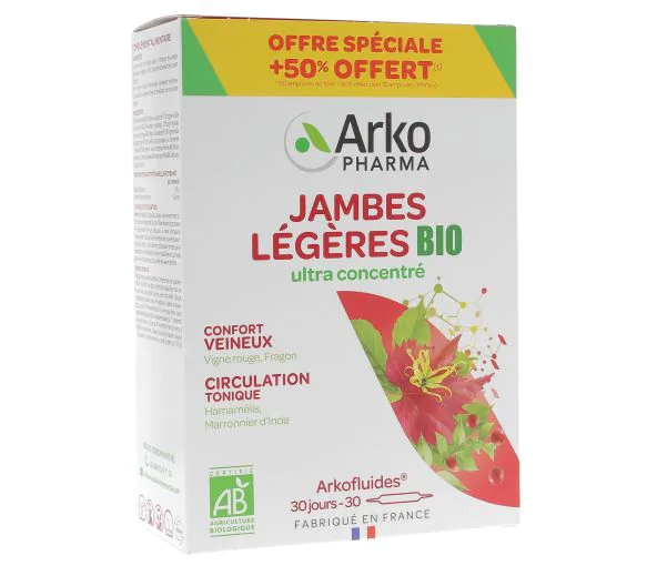 Arkofluides jambes légères Arkopharma - boîte de 30 ampoules offre spéciale 50% offert
