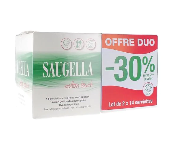 Cotton Touch Serviettes extra-fines avec ailettes jour Saugella - lot de 2 boîtes de 14 serviettes