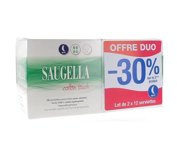 Cotton Touch Serviettes extra-fines avec ailettes nuit Saugella - lot de 2 boîtes de 12 serviettes