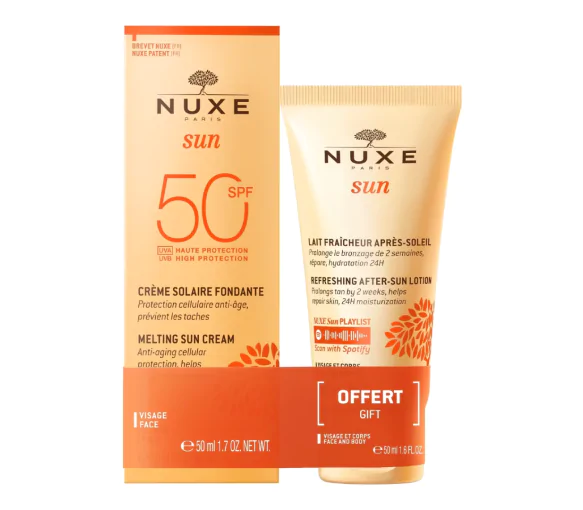 Crème solaire fondante visage SPF50 Nuxe Sun - tube de 50ml + Lait fraîcheur après-soleil visage et corps 50 ml offert