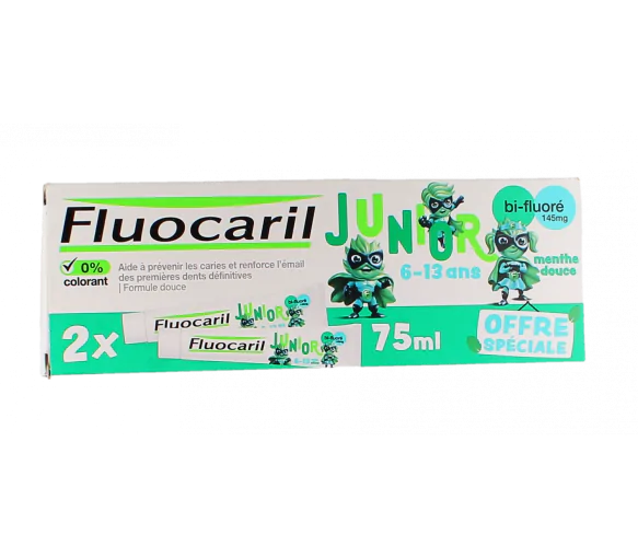 Dentifrice junior 6-13 ans arôme menthe douce Fluocaril - lot de 2 tubes de 75 ml